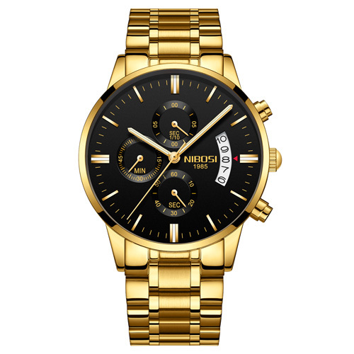 relógio masculino nibosi com pulseira de aço dourado mostrador preto