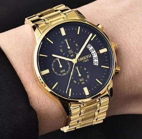 relógio masculino nibosi com pulseira de aço dourado