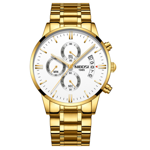 relógio masculino nibosi com pulseira de aço dourado com mostrador branco