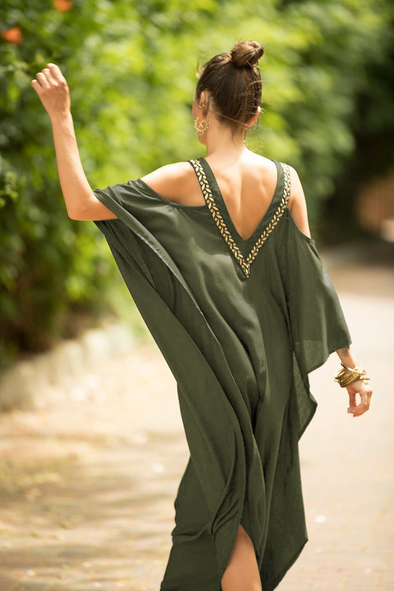 fundo do vestido longo soltinho gola v gales verde oliva