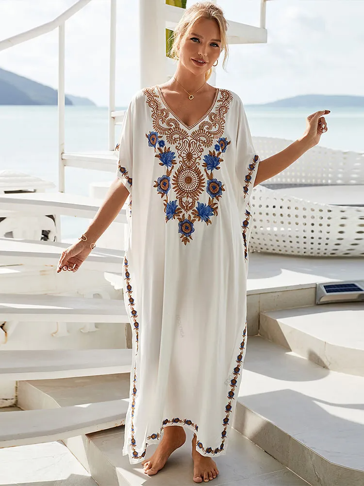 Vestido Longo Luxuoso Veneza Longo Gola V Moderno Festa branco com detalhes azul e dourado