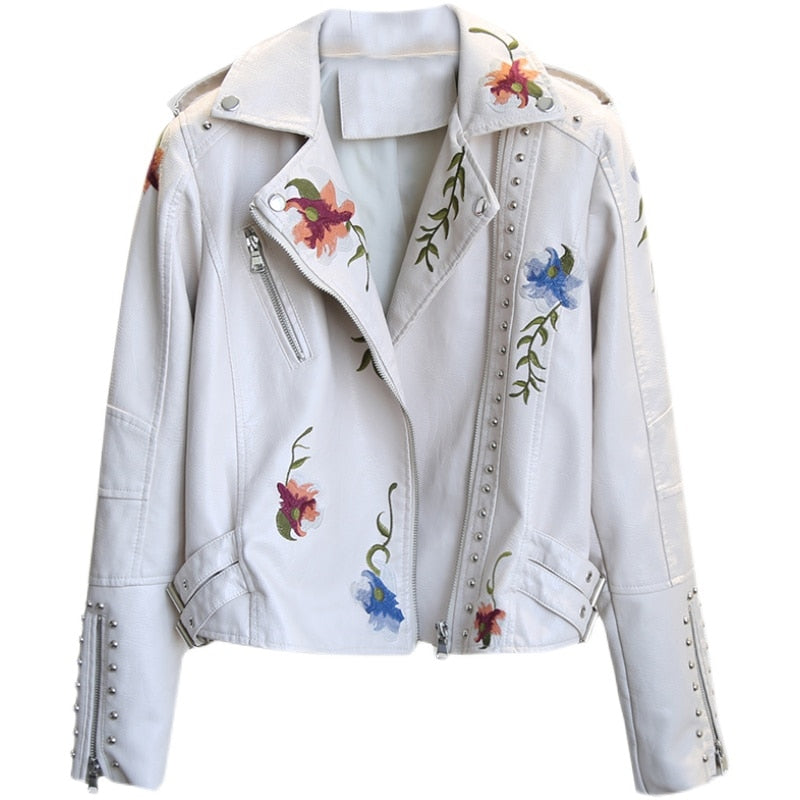 jaqueta de couro feminina faux floral com bordados branca