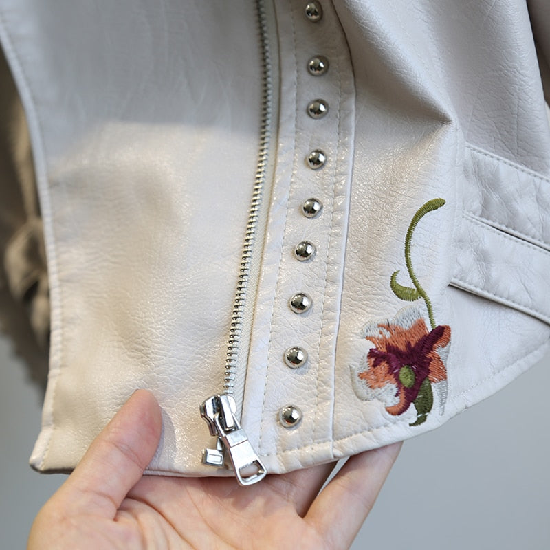 ziper da jaqueta de couro feminina faux floral com bordados branca