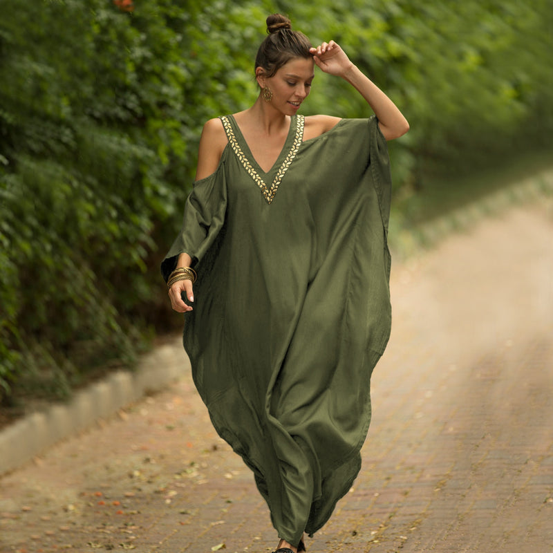 vestido longo soltinho gola v gales verde oliva